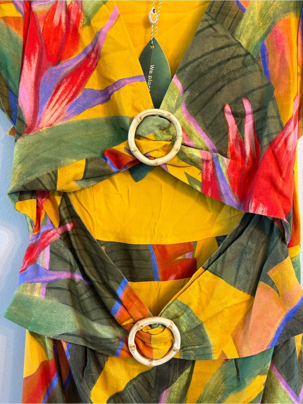 Farm Rio Yellow Garden Midi Dress Womens Large NWT Tropical Cutout Ring Detail - Picture 6 of 13